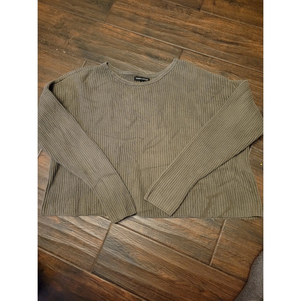 Kendall & Kylie Womens Olive Green Ribbed Knit Cropped Sweater Size Large L 1314